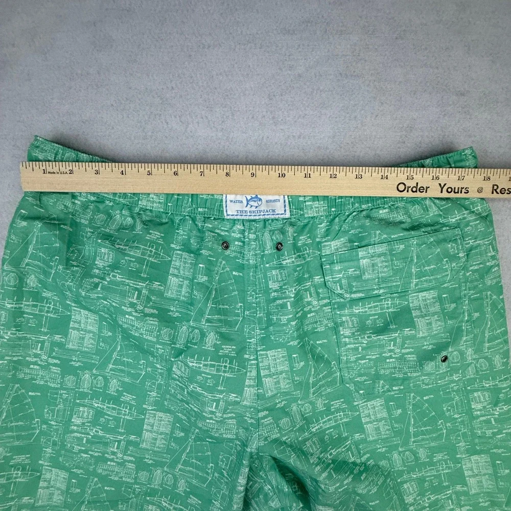 Southern Tide Water Shorts Mens Large Green Nautical Blueprint Swim Trunks Lined
